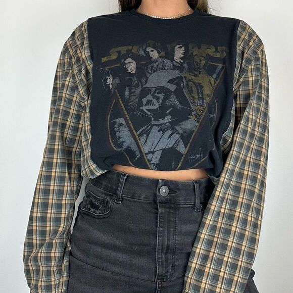 Reworked Upcycled Star Wars Grunge Long Sleeve Plaid Loose Fit Baggy Shirt - Picture 2 of 3